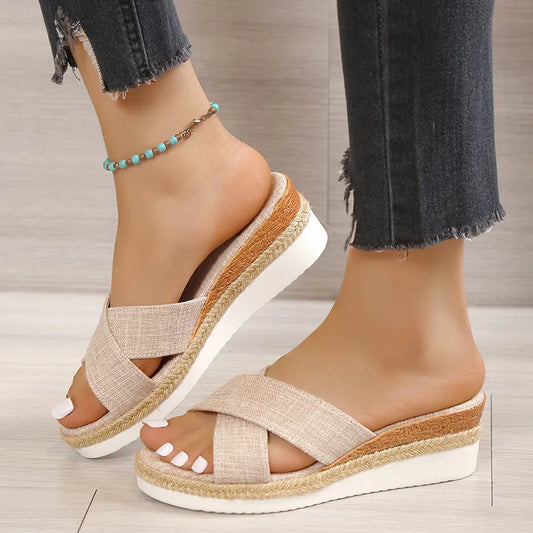 Women's Wedge Heel Slip - on Shoes ⎜ Comfortable Summer Shoes with Cross Straps and Open Design for Everyday Wear & Leisure