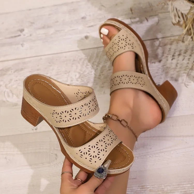 Women's Block Heel Sandals ⎜ Comfortable and Breathable Shoes with Perforated Details and Trendy Design