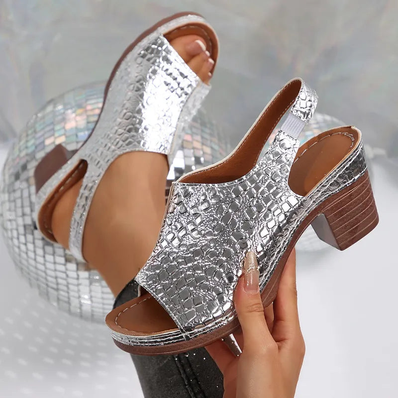 Block Heel Sandals for Women ⎜ Chic Peep - Toe Shoes with a Shiny Finish and Comfortable Wear