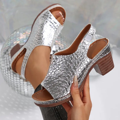 Block Heel Sandals for Women ⎜ Chic Peep - Toe Shoes with a Shiny Finish and Comfortable Wear