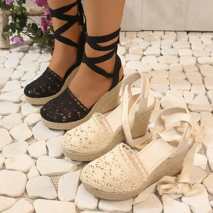 Wedge Heel Sandals for Women ⎜ Summery High Heels with a Raffia Sole and Elegant Lacing