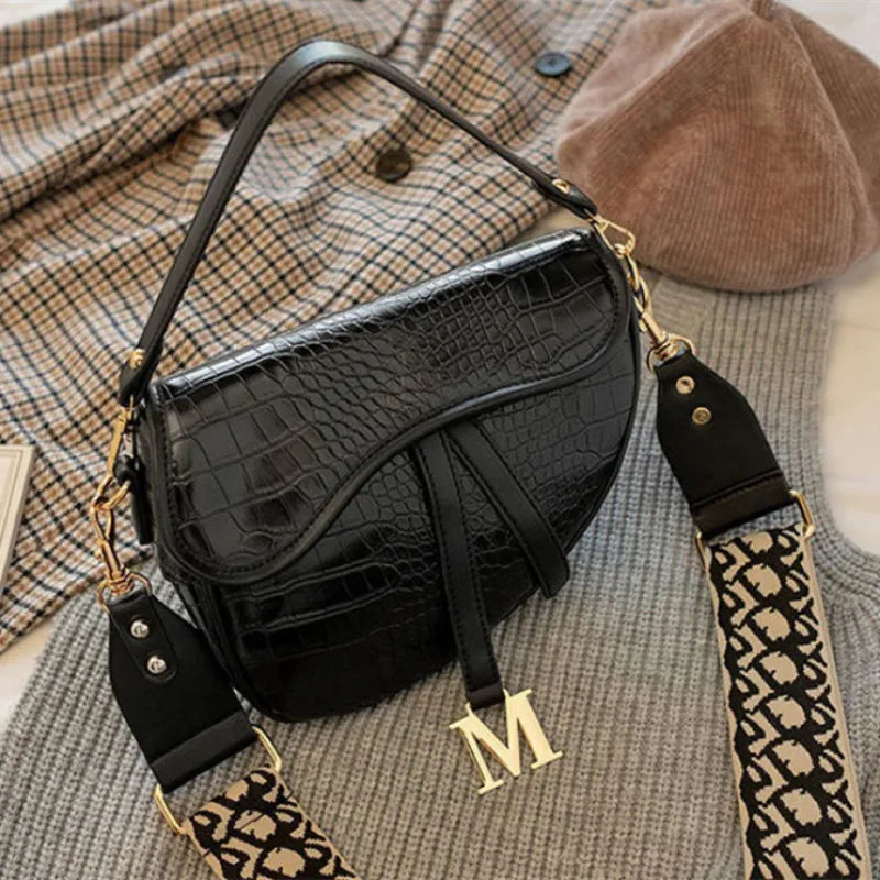Women's Shoulder Bag ⎜ Crocodile Design with Adjustable Strap and Gold Embellishment