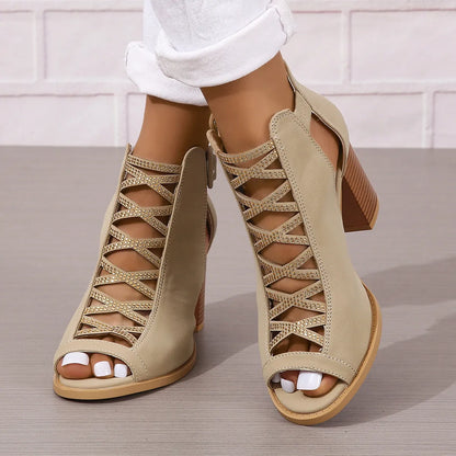 Women's High Heel Sandals ⎜ Elegant Summer Shoes with Block Heel and Fashionable Lacing for Everyday Wear & Events