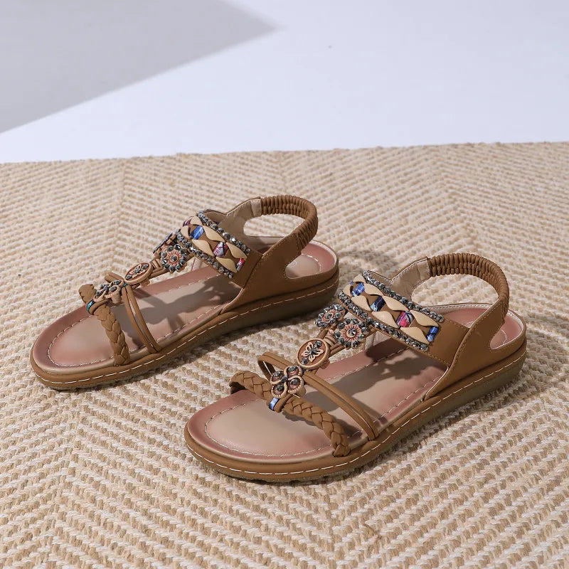 Boho Sandals for Women ⎜ Comfortable Summer Shoes with Pearls , Rhinestones and Elasticated Strap in a Comfortable Size