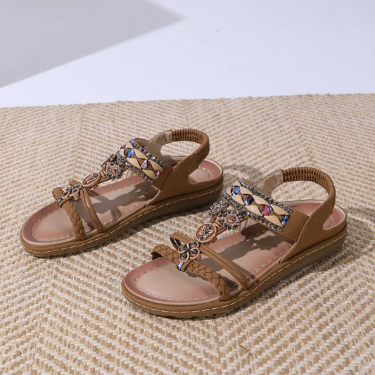 Boho Sandals for Women ⎜ Comfortable Summer Shoes with Pearls , Rhinestones and Elasticated Strap in a Comfortable Size