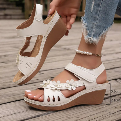 Women's Wedge Sandals ⎜ Floral Design with Adjustable Strap and Flat Sole for Comfort