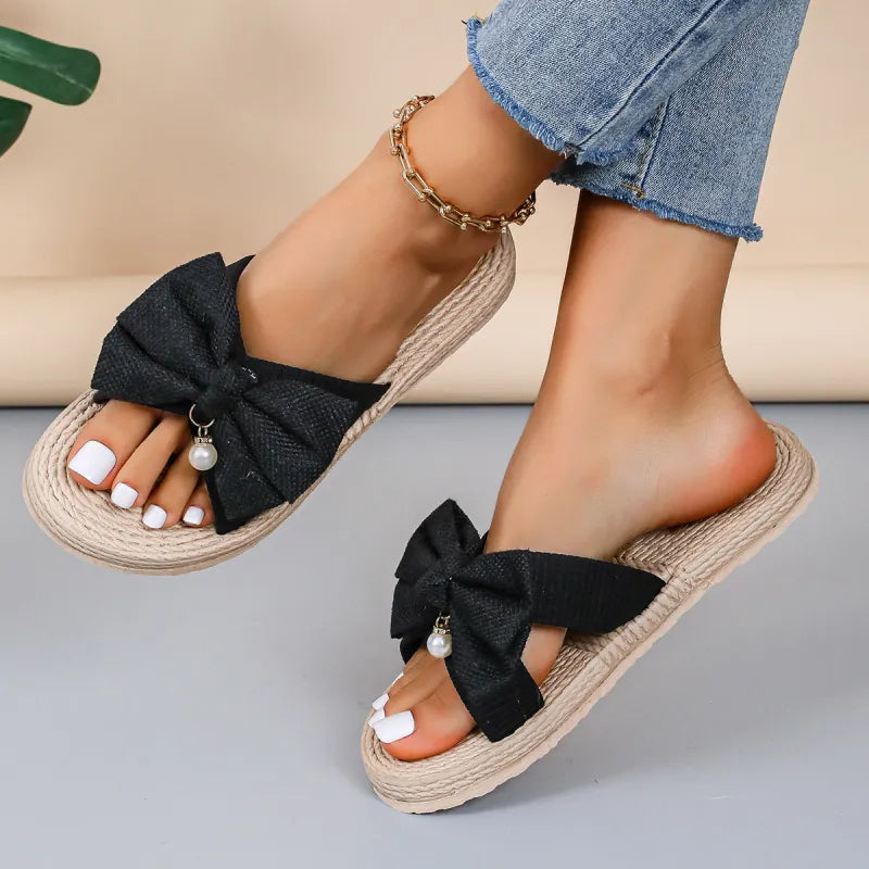 Mules for Women ⎜ Fashionable Summer Shoes with Jute Sole and Large Bow for Indoors and Outdoors