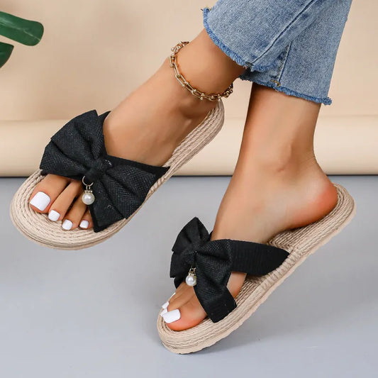 Mules for Women ⎜ Fashionable Summer Shoes with Jute Sole and Large Bow for Indoors and Outdoors