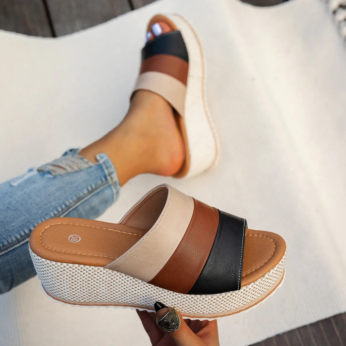 Women's Wedge Sandals with Block Heel ⎜ Comfortable Platform Loafers with Colour Block Design and Straps