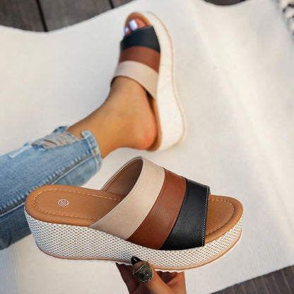 Women's Wedge Sandals with Block Heel ⎜ Comfortable Platform Loafers with Colour Block Design and Straps