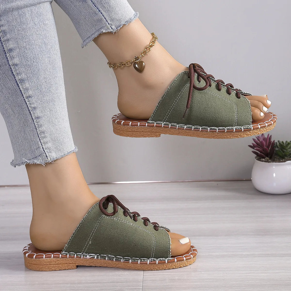 Summer Slip - on Shoes for Women ⎜ Comfortable Open Shoes with a Denim Look and Laces for Leisure and Everyday Wear
