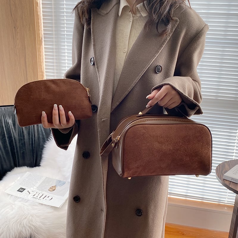 Cosmetics Bag for Women ⎜ Large Capacity with Suede Look and Practical Carrying Handle