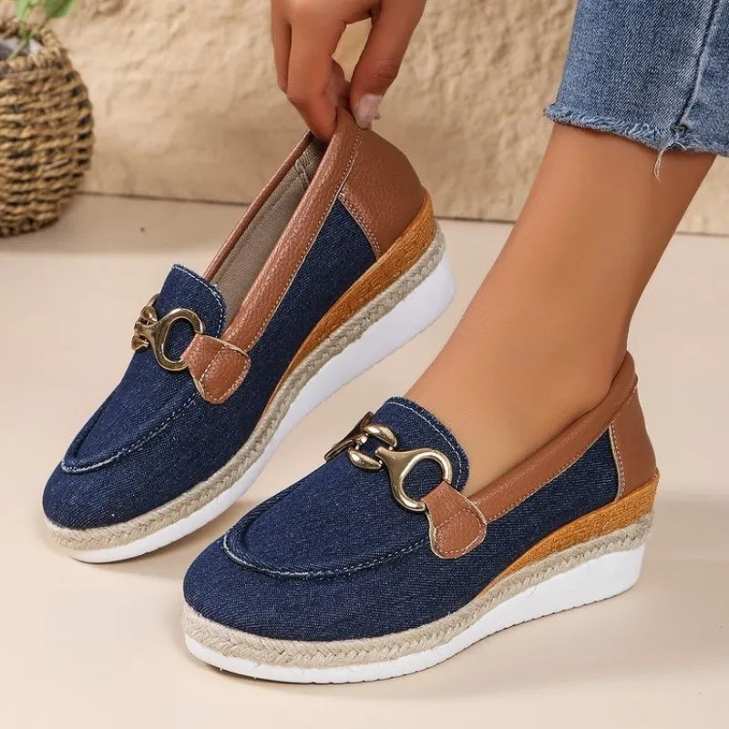 Wedge Loafers for Women ⎜ Comfortable Slip - on Shoes with Horse Chain Appliqué for Comfort and Style