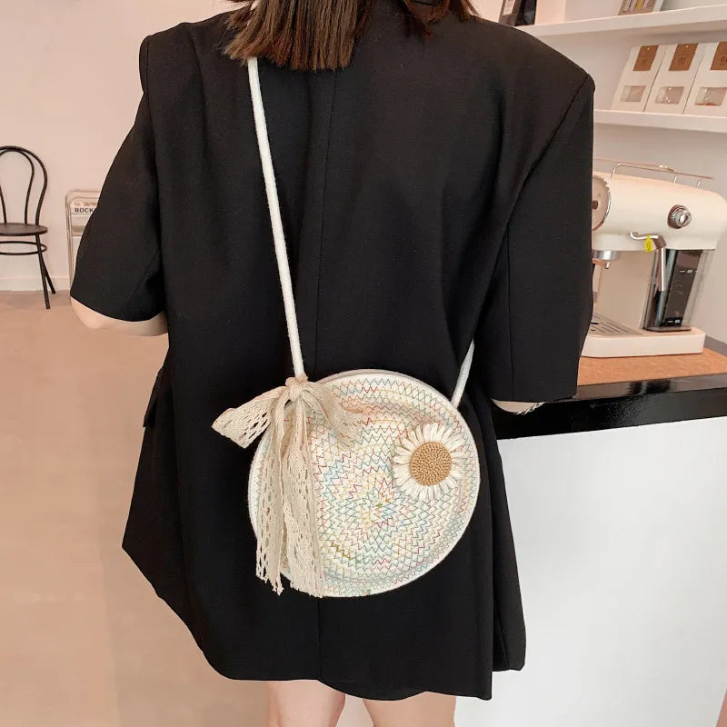 Women's Basket Bag ⎜ Handmade Shoulder Bag Made From Straw Wire with a Playful Floral Design