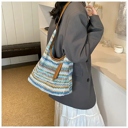Crochet Bag for Women ⎜ Colourful Cotton Shoulder Bag with Practical Additional Pocket