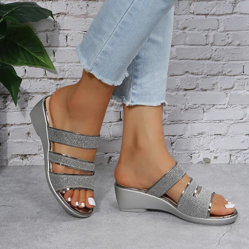 Women's Wedge Sandals with Glitter Straps ⎜ Elegant Summer Shoes with a Comfortable Heel and Non - Slip Sole