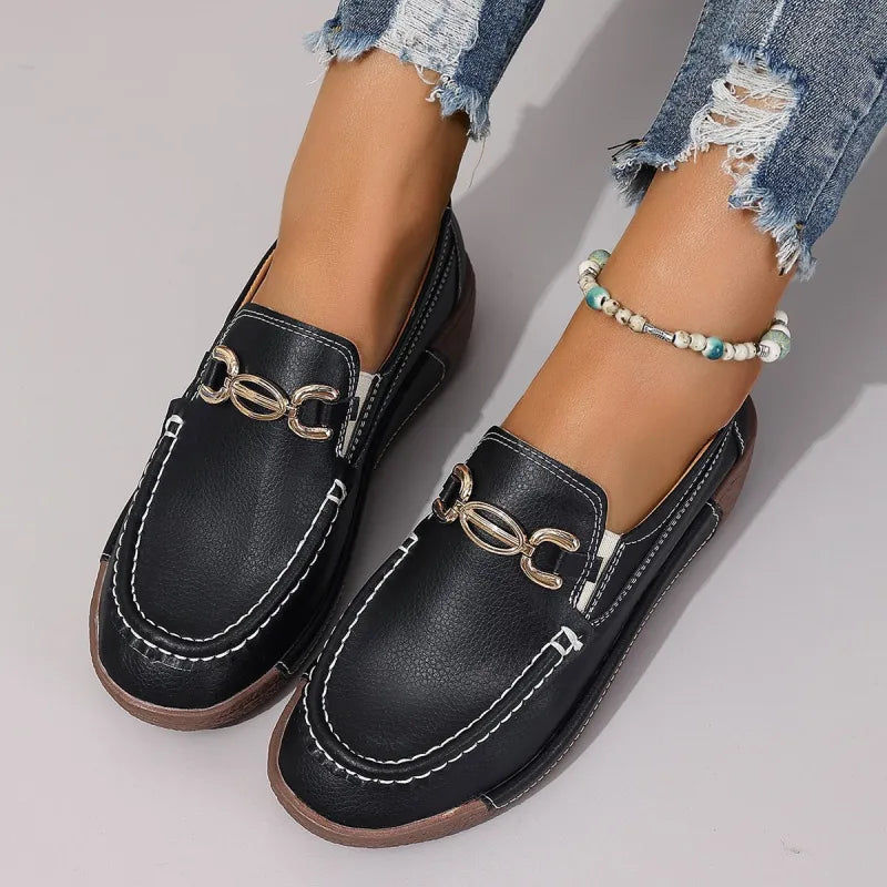 Moccasins for Women ⎜ Comfortable Slip - on Shoes with Metal Accessory and Classic Design