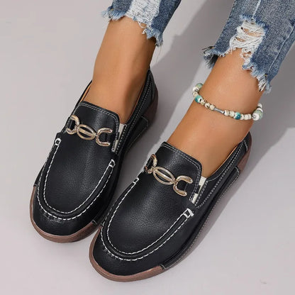 Moccasins for Women ⎜ Comfortable Slip - on Shoes with Metal Accessory and Classic Design
