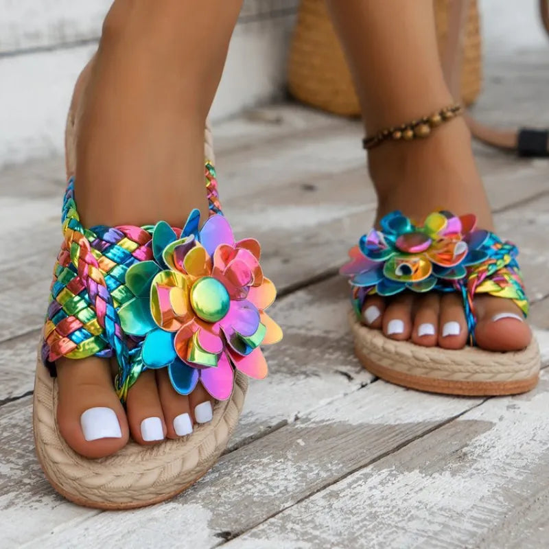 Colourful Women's Flip - Flops ⎜ Comfortable Summer Shoes with Floral Appliqués and Braided Design