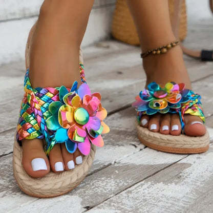 Colourful Women's Flip - Flops ⎜ Comfortable Summer Shoes with Floral Appliqués and Braided Design