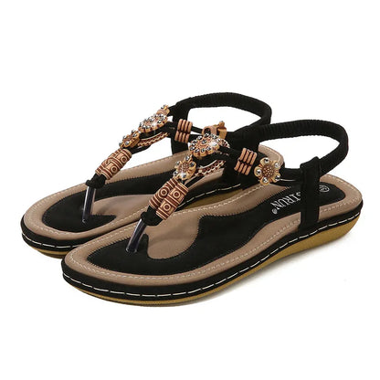 Women's Sandals with Wooden Beads ⎜ Comfortable Flat - Soled Shoes in a Casual Style with a Braided Design