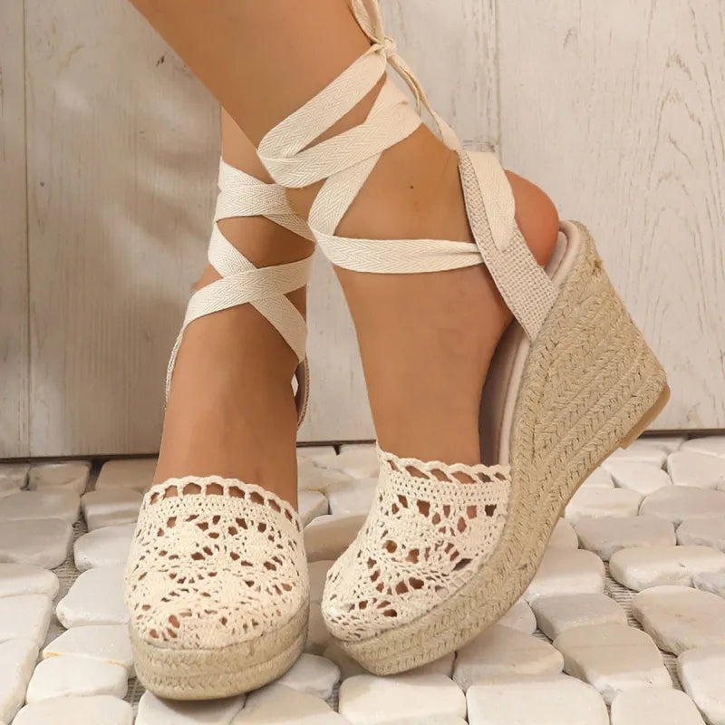 Wedge Heel Sandals for Women ⎜ Summery High Heels with a Raffia Sole and Elegant Lacing