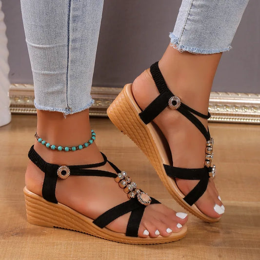 Women's Wedge Sandals ⎜ Comfortable Summer Shoes with Pearl Embellishment and Non - Slip Sole for Everyday Wear & Beach