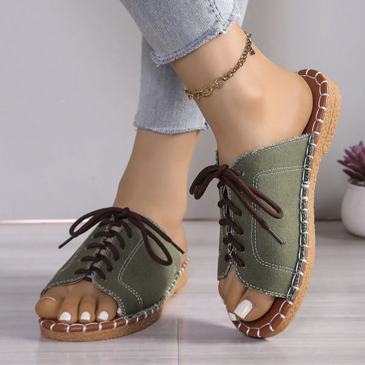 Summer Slip - on Shoes for Women ⎜ Comfortable Open Shoes with a Denim Look and Laces for Leisure and Everyday Wear