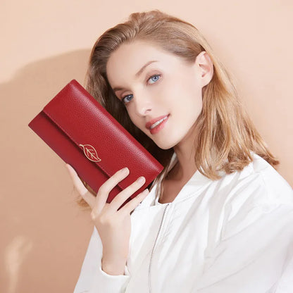 Women's Cowhide Leather Wallet ⎜ Long Design with Elegant Leaf Embellishment and Practical Clasp