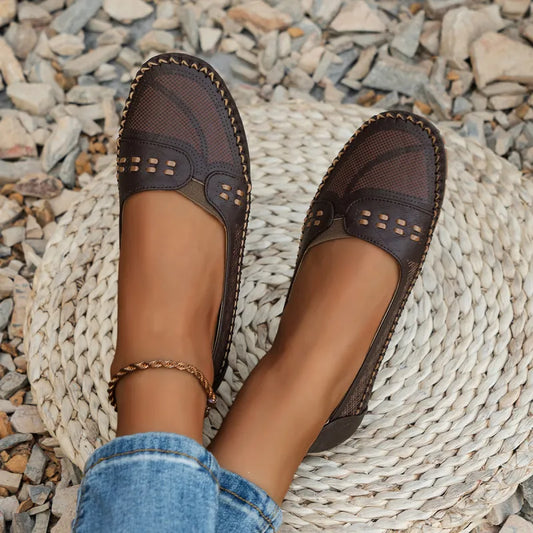 Loafers for Women ⎜ Comfortable Flat Shoes with Perforated Design and Decorative Stitching