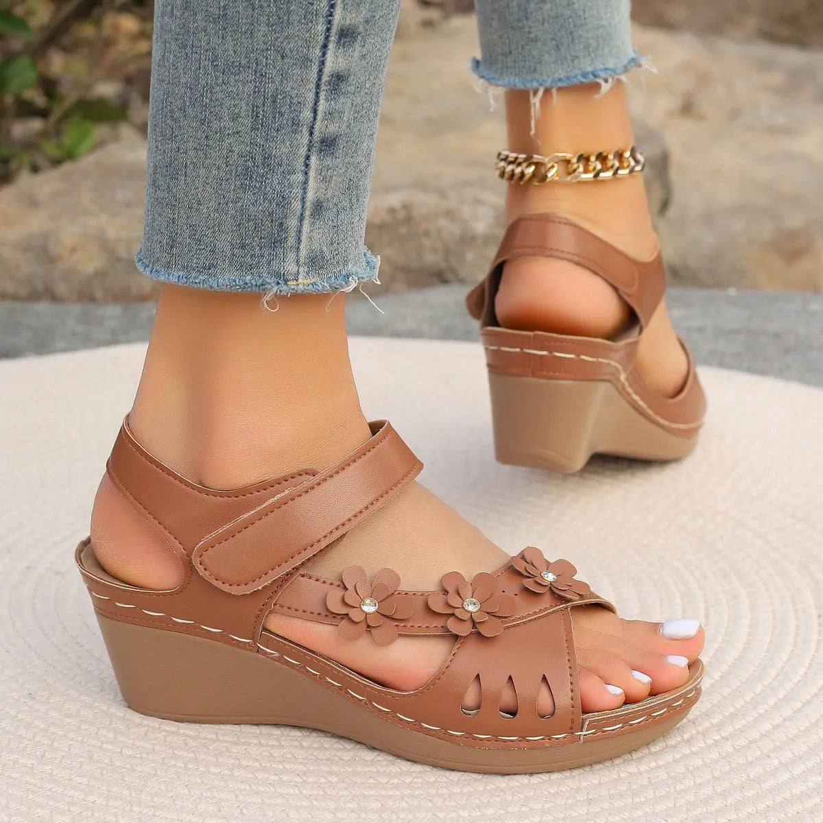Women's Wedge Sandals ⎜ Floral Design with Adjustable Strap and Flat Sole for Comfort