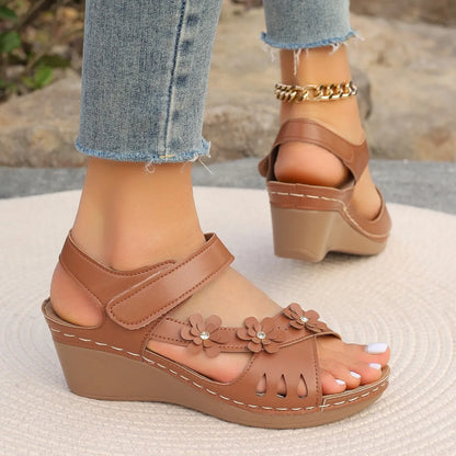 Women's Wedge Sandals ⎜ Floral Design with Adjustable Strap and Flat Sole for Comfort