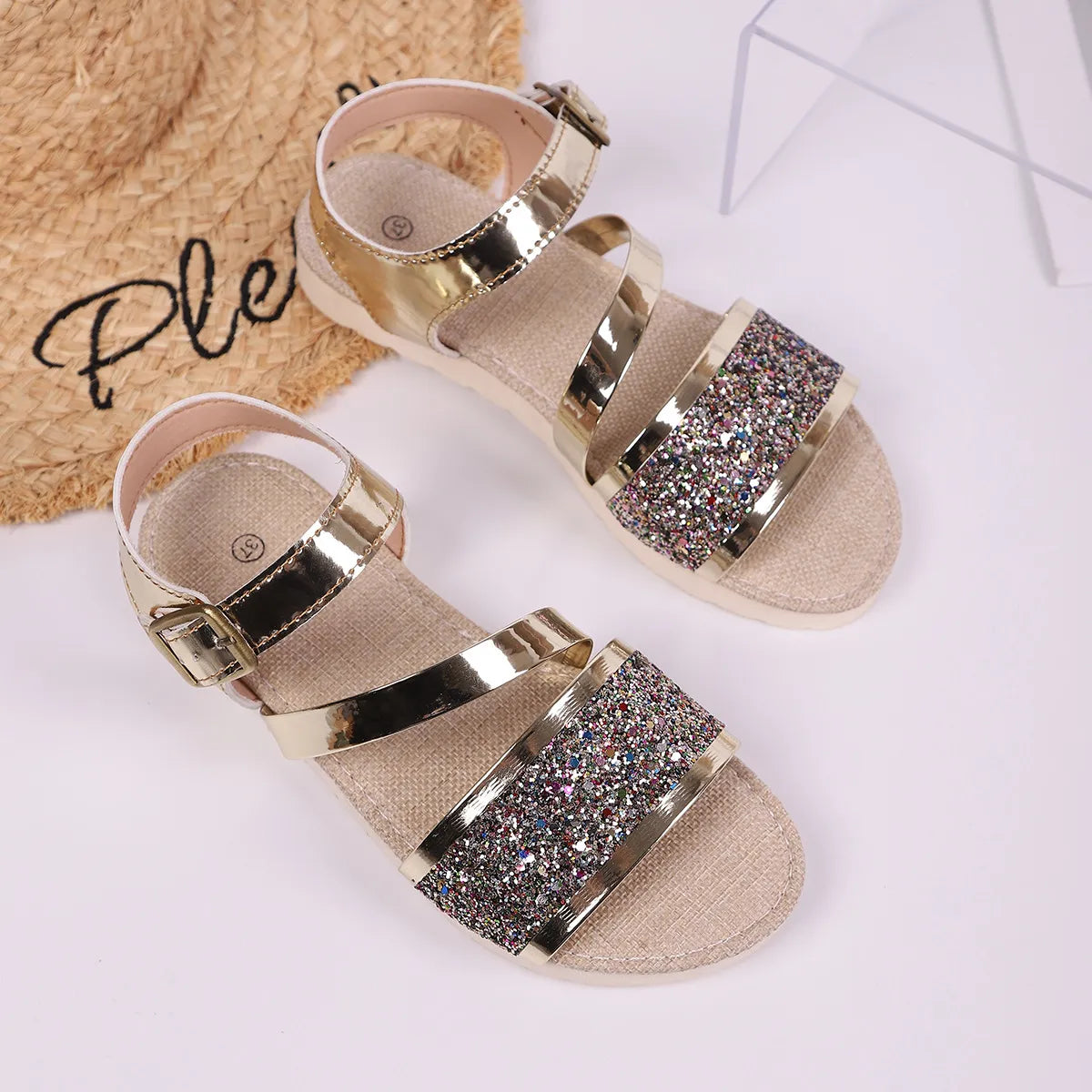 Women's Platform Sandals ⎜ Fashionable Shoes with Glitter Details and Adjustable Buckle Strap