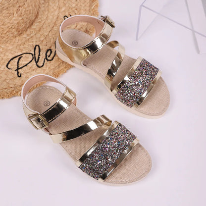 Women's Platform Sandals ⎜ Fashionable Shoes with Glitter Details and Adjustable Buckle Strap