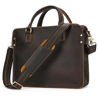 Real Leather Laptop Bag ⎜ Retro Briefcase with Shoulder Strap and Space for 14 - Inch Laptop