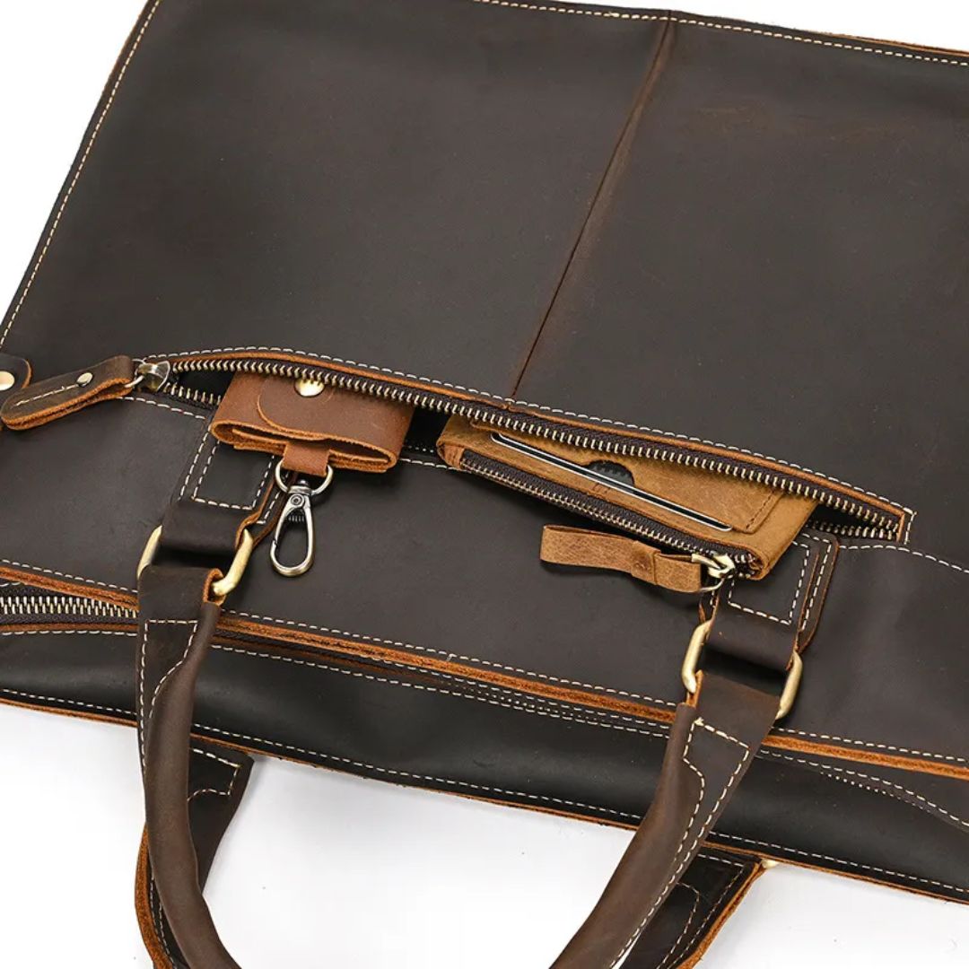 Real Leather Laptop Bag ⎜ Retro Briefcase with Shoulder Strap and Space for 14 - Inch Laptop