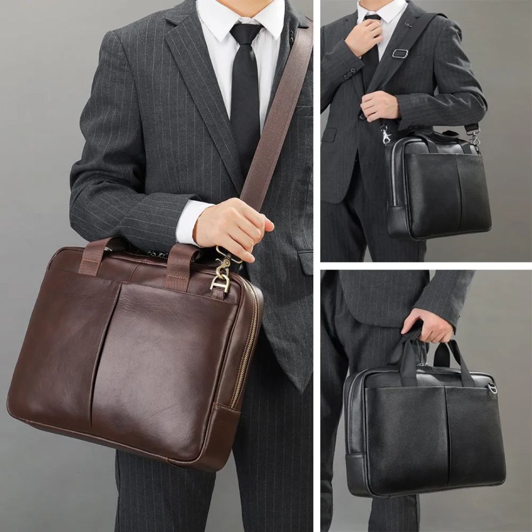 Laptop Bag for Men ⎜ Elegant Briefcase Made of Genuine Leather with Shoulder Strap and Plenty of Storage Space