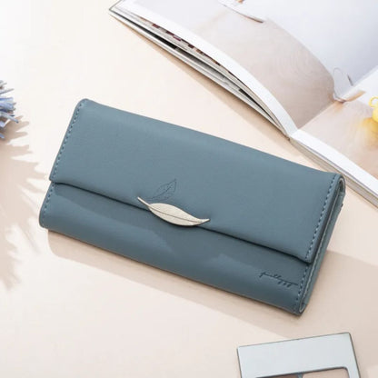 Women's Long Wallet with Leaf Clasp ⎜ Simple Wallet with Card Slots and Note Compartment